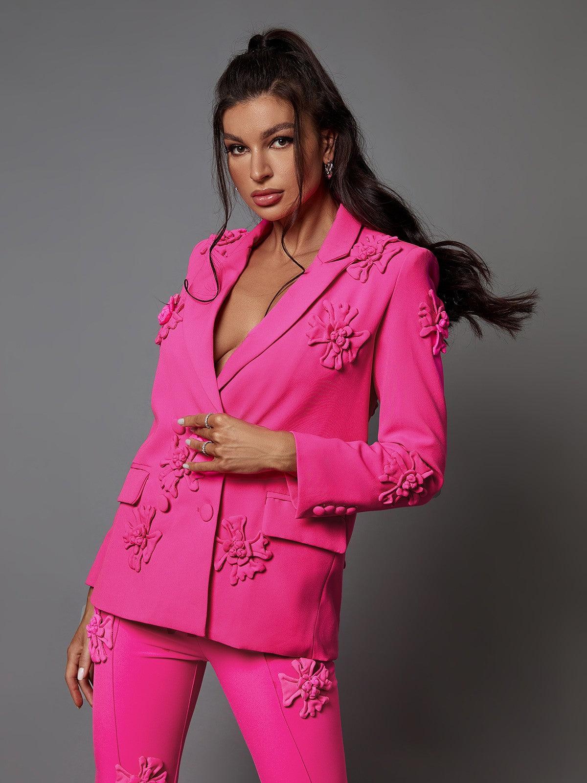 Indiana Floral Embellished Blazer Set In Hot Pink
