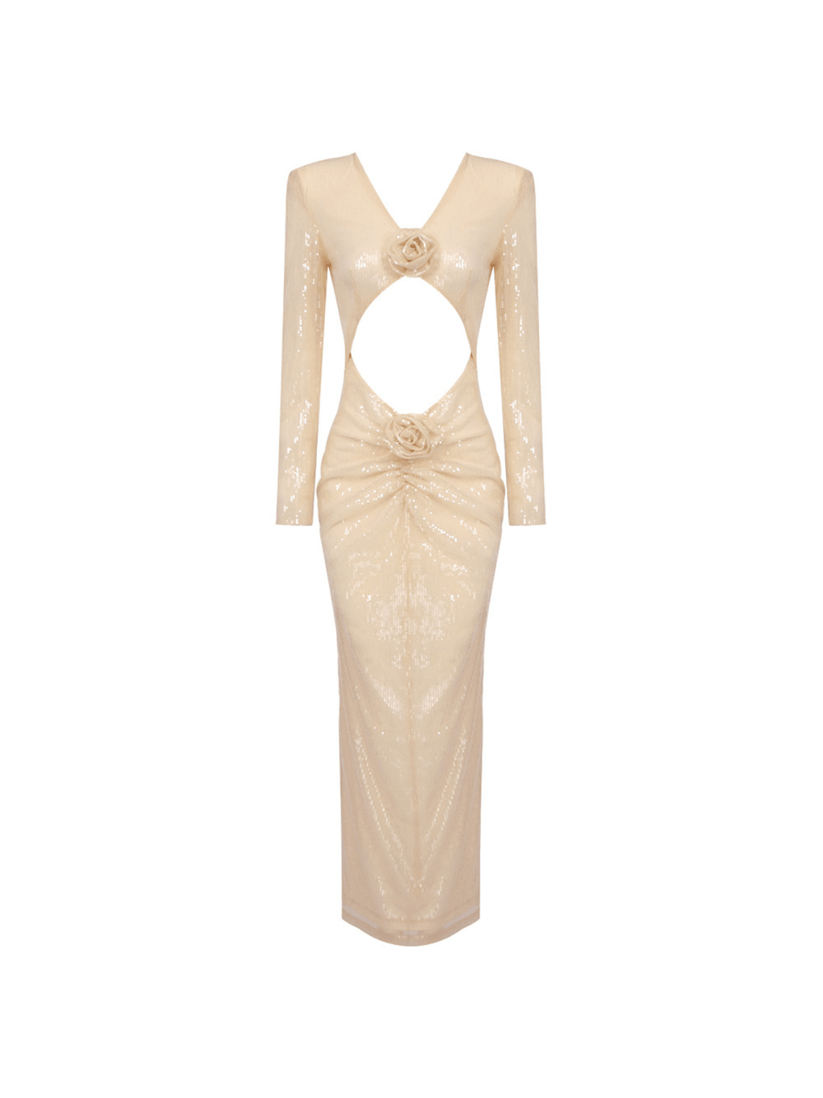 Isak Long Sleeve Flower Cutout Sequin Dress In Apricot