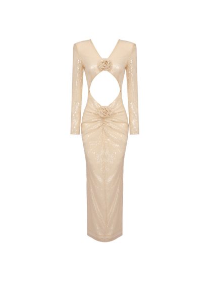 Isak Long Sleeve Flower Cutout Sequin Dress In Apricot