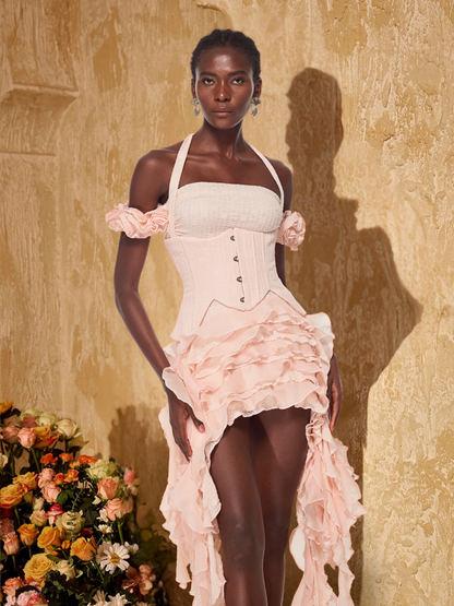 Ivria Halterneck Ruffled Draped Dress