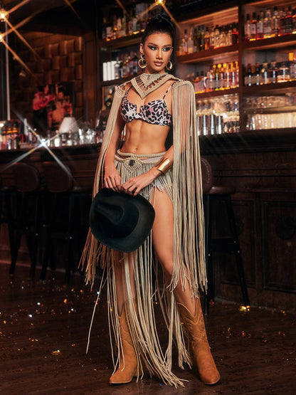 Ixandriel Fringe Knitted Cover Up Skirt Set