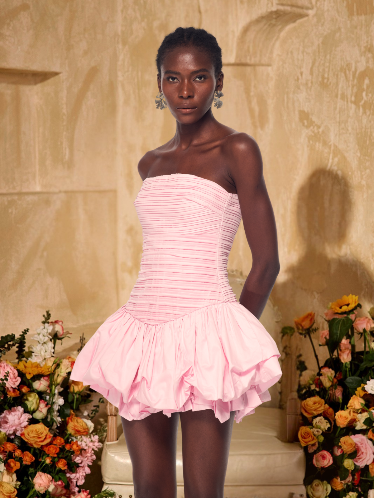 Izefia Strapless Ruffled Puff Mini Dress