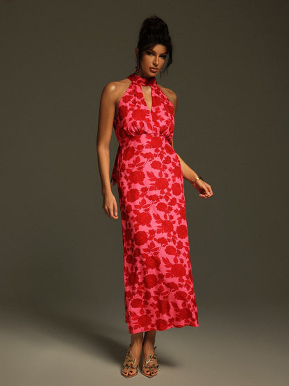 Jacki Halterneck Floral Cutout Midi Dress
