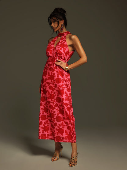 Jacki Halterneck Floral Cutout Midi Dress
