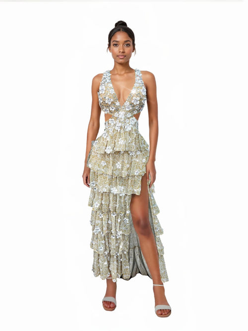 Jaelin Cutout Rhinestone Flower Split Maxi Dress