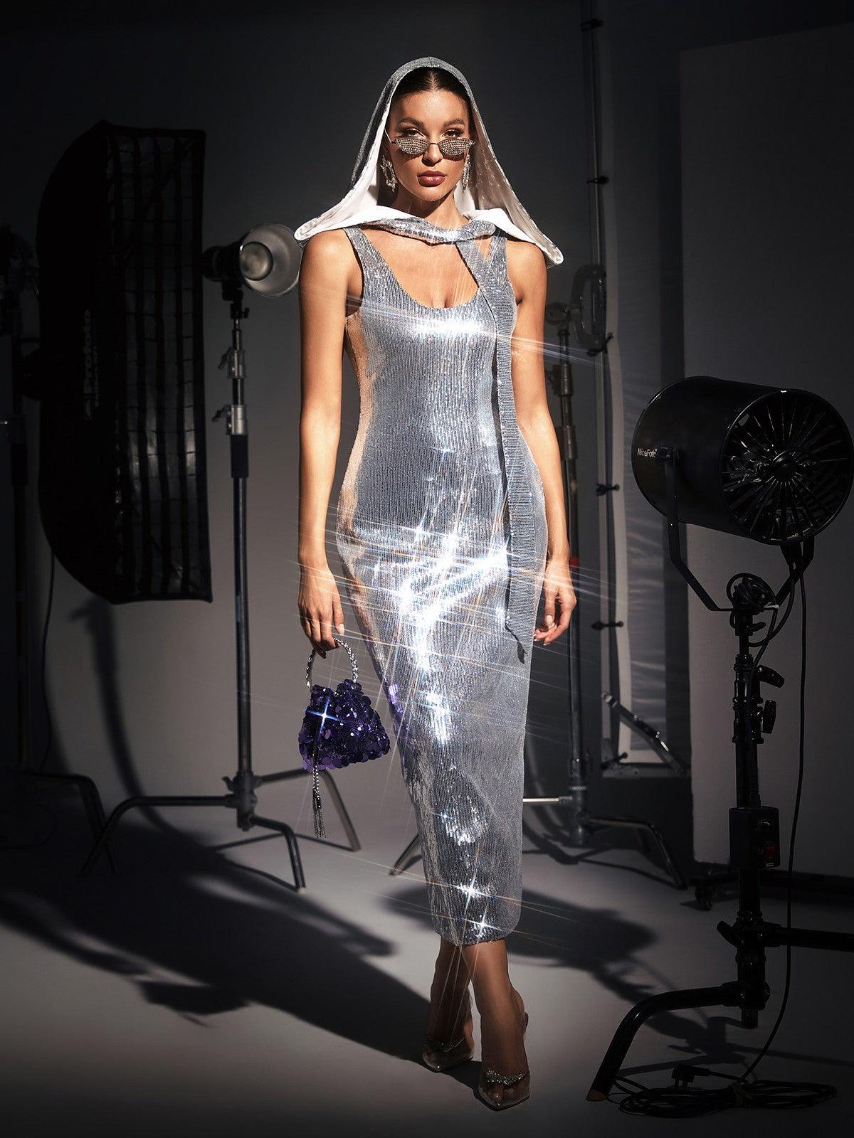 Jafna Drape Back Silver Sequin Hooded Dress