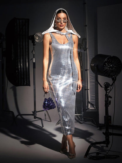 Jafna Drape Back Silver Sequin Hooded Dress