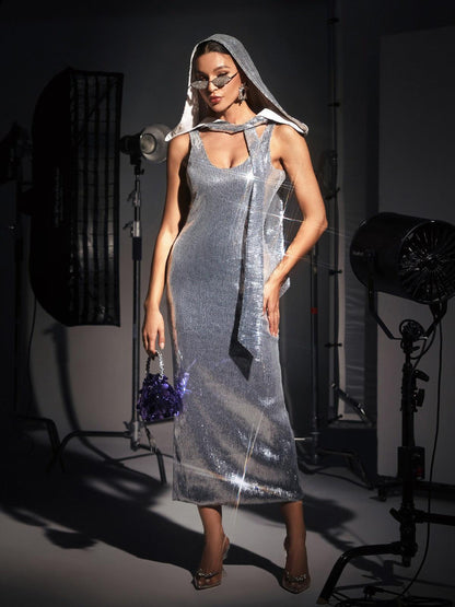 Jafna Drape Back Silver Sequin Hooded Dress