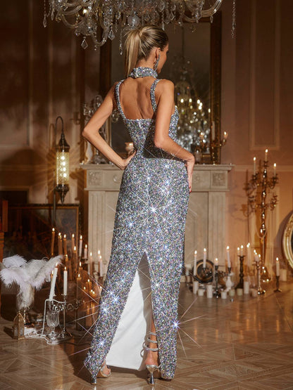 Jahmir Spaghetti Sequin Maxi Dress With Choker