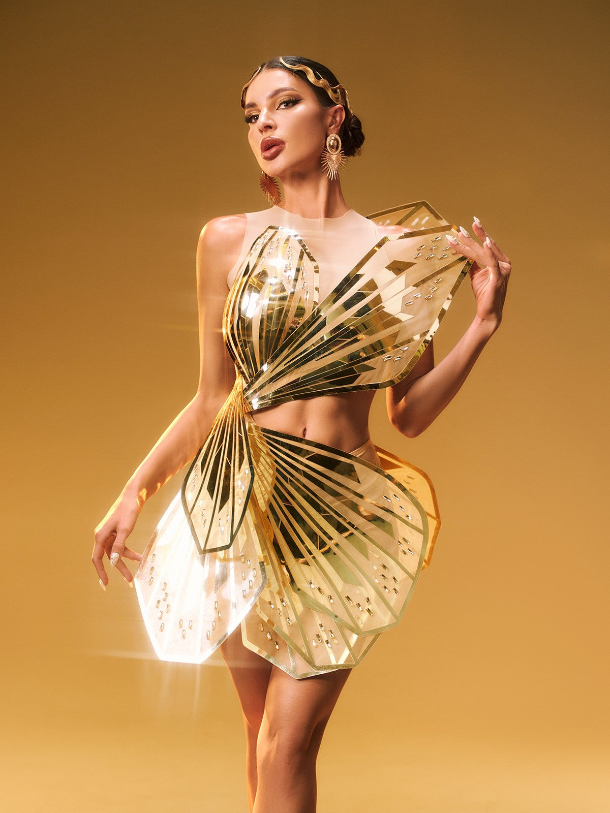 Jaidlynn Butterfly Embellished Cutout Mini Dress In Gold