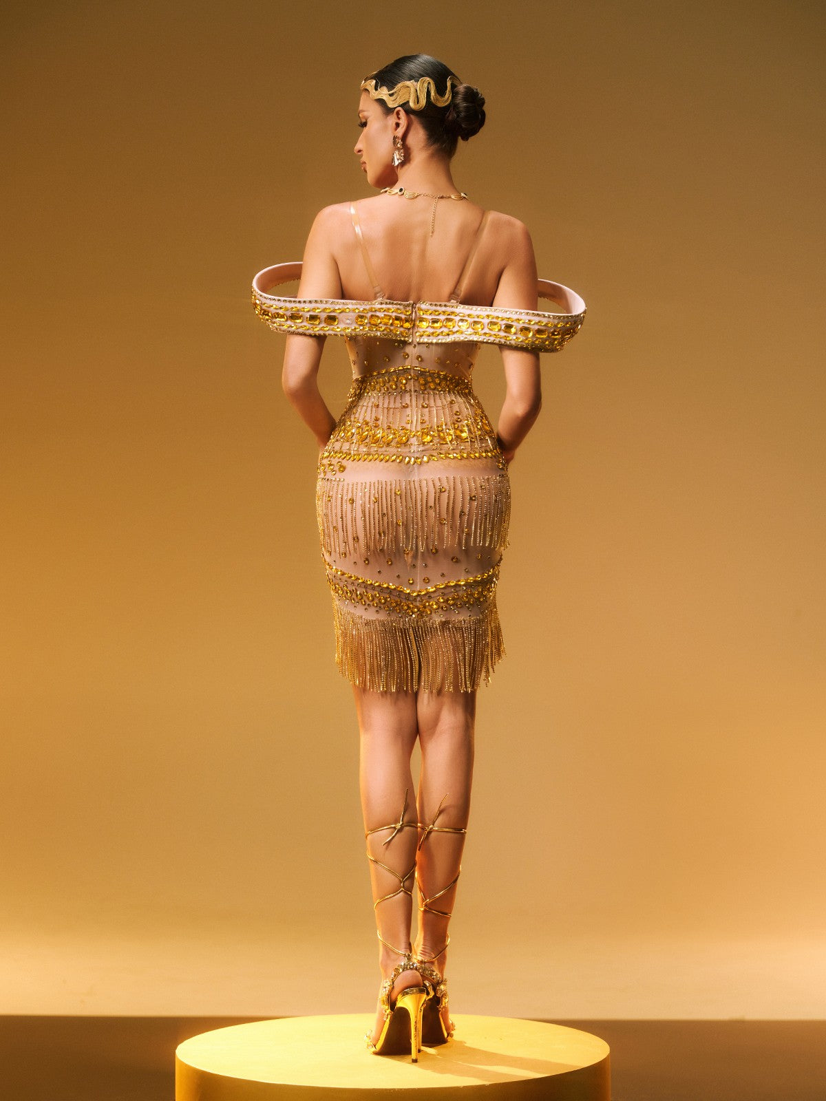 Jaimarie Off Shoulder Rhinestone Fringe Mini Dress In Gold