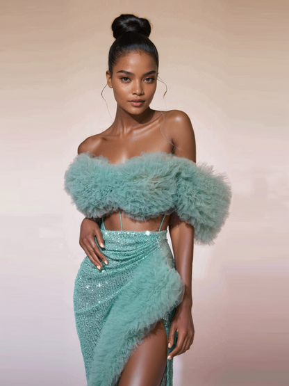 Jalynne Corset Tulle Trimmed Sequin Skirt Set In Mint