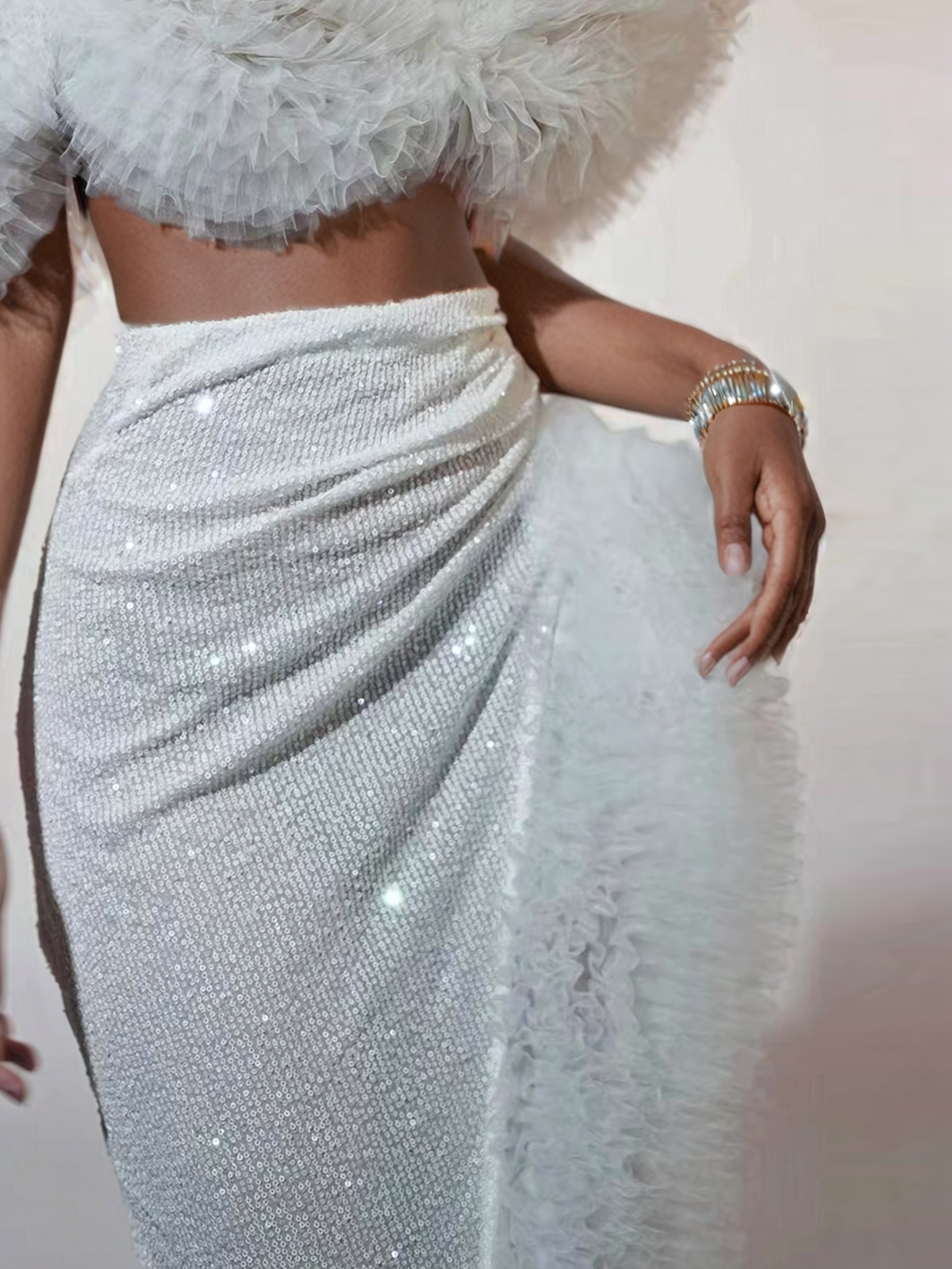 Jalynne Corset Tulle Trimmed Sequin Skirt Set In White