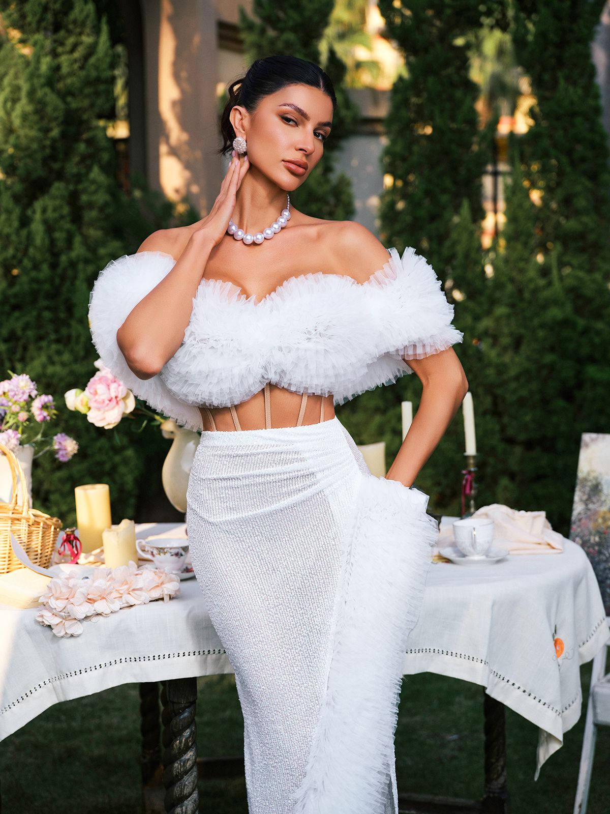 Jalynne Corset Tulle Trimmed Sequin Skirt Set In White