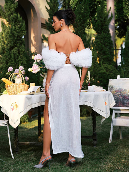 Jalynne Corset Tulle Trimmed Sequin Skirt Set In White