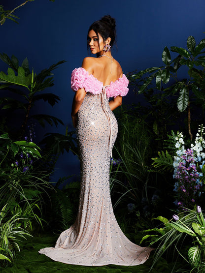 Janiela Strapless Rhinestone Split Maxi Dress