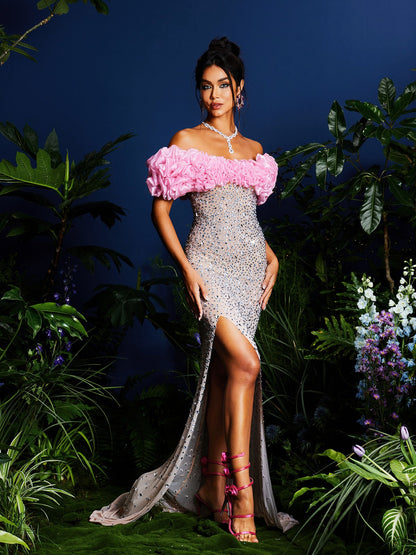 Janiela Strapless Rhinestone Split Maxi Dress