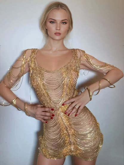 Janison Diamond Chain Mesh Mini Dress In Gold