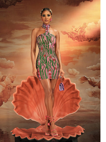 Jannik Halterneck Embellished Mesh Mini Dress