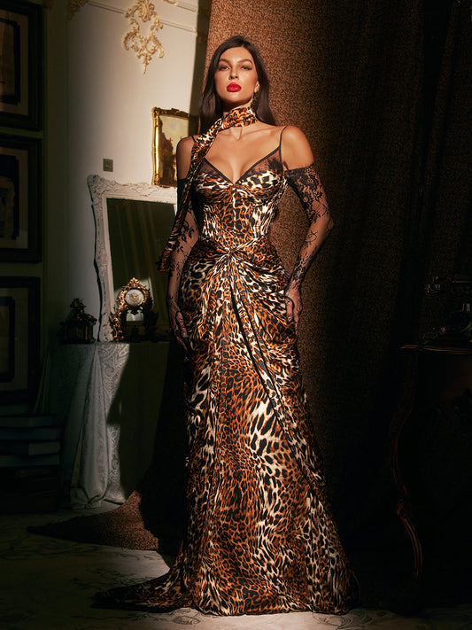 Jarrah Spaghetti Leopard Printed Maxi Dress