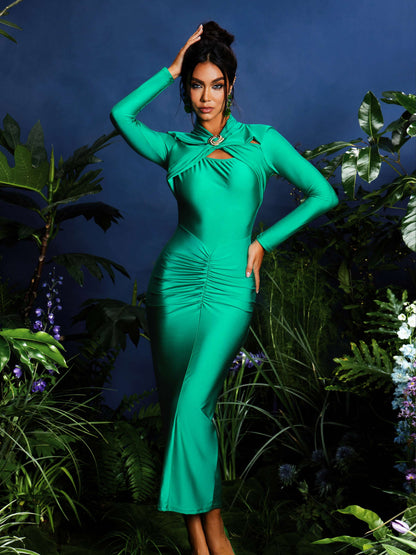 Jeaselle Long Sleeve Ruched Midi Dress