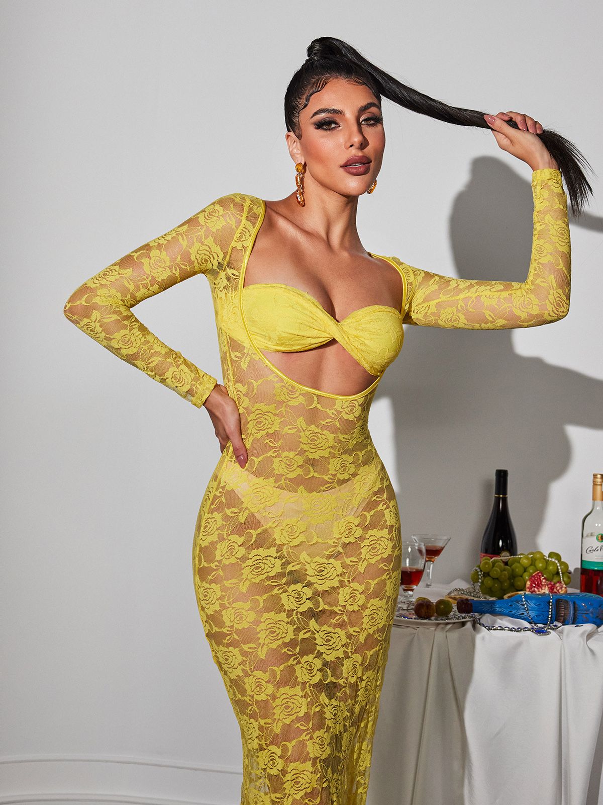Jerryl Long Sleeve Cutout Lace Maxi Dress In Yellow