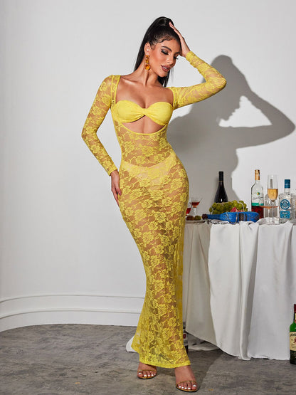 Jerryl Long Sleeve Cutout Lace Maxi Dress In Yellow