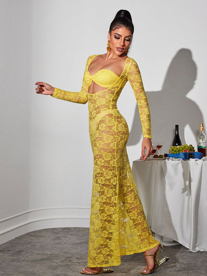 Jerryl Long Sleeve Cutout Lace Maxi Dress In Yellow