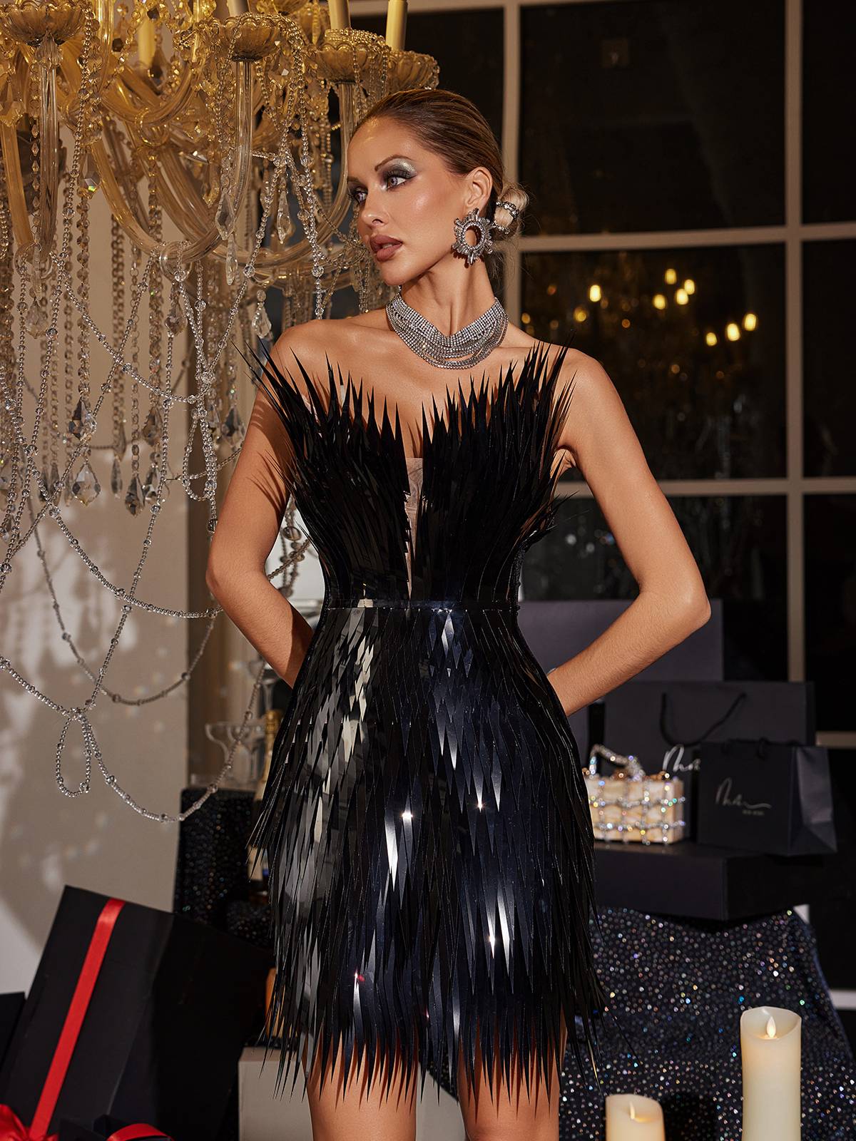 Jimmie Metal Feather Mini Dress In Black