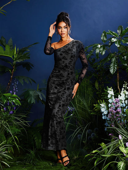 Jonila One Shoulder Flocked Maxi Dress