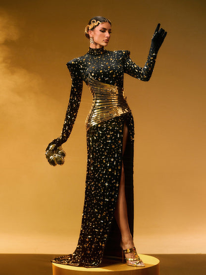 Jonson Rhinestone Embellished Split Maxi Dress In Black