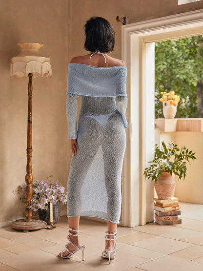 Juliea Off Shoulder Knitted Maxi Dress In Blue