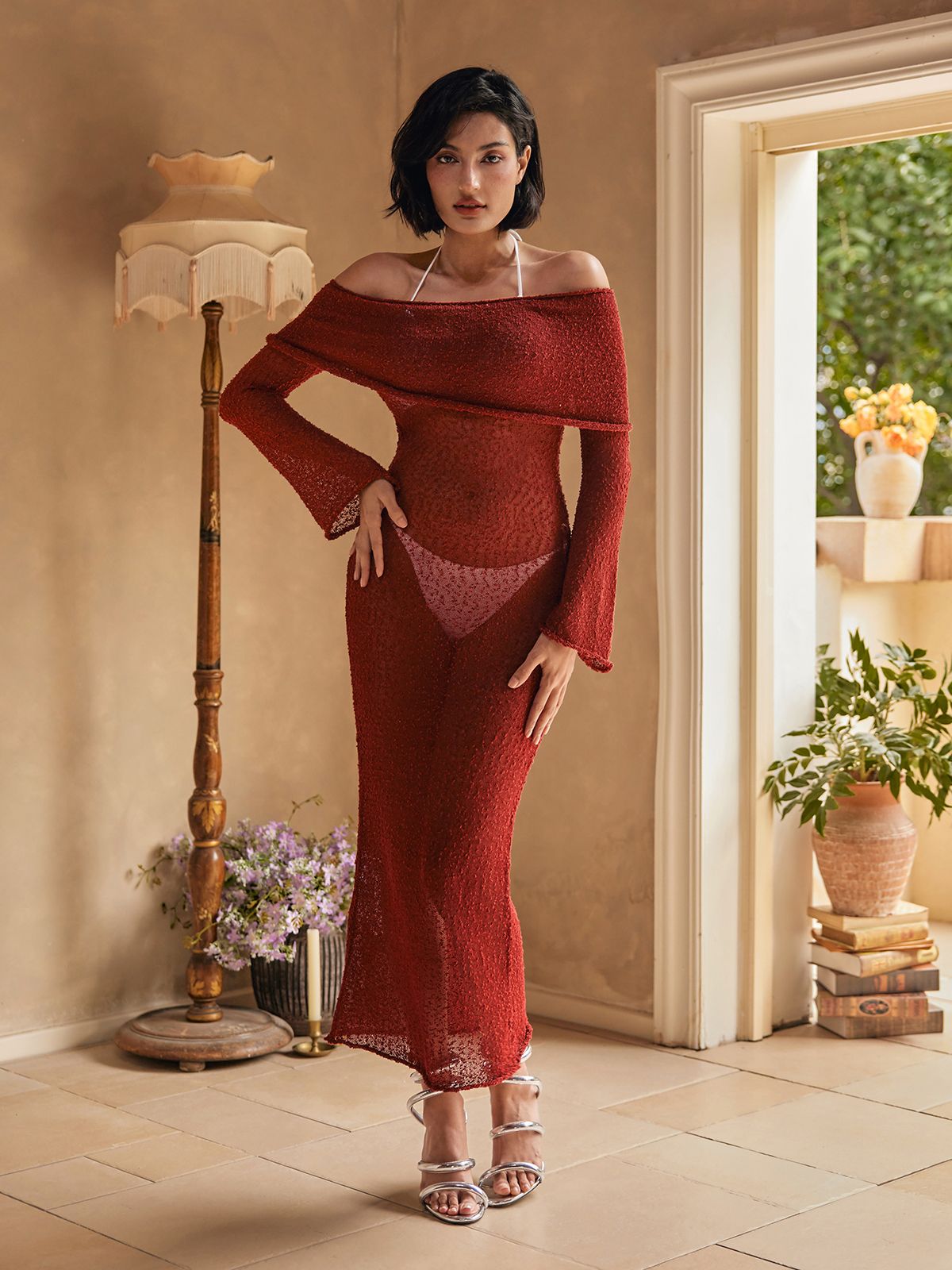 Juliea Off Shoulder Knitted Maxi Dress In Red