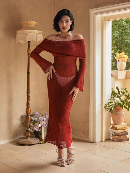 Juliea Off Shoulder Knitted Maxi Dress In Red