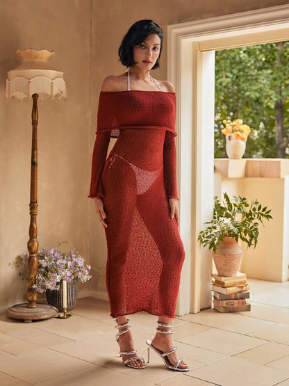 Juliea Off Shoulder Knitted Maxi Dress In Red