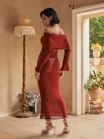 Juliea Off Shoulder Knitted Maxi Dress In Red