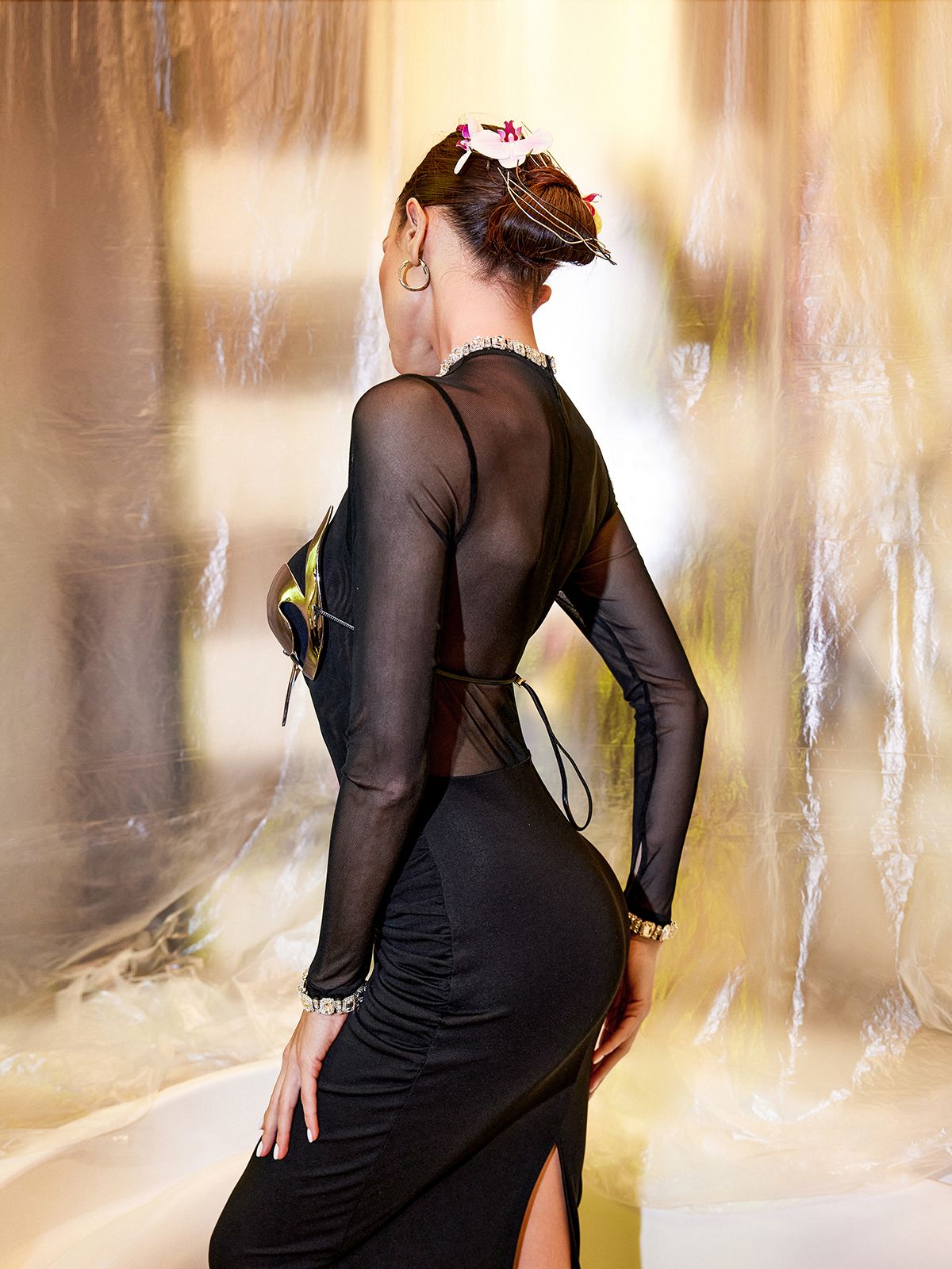 Juni Crystal Cutout Mermaid Mesh Maxi Dress