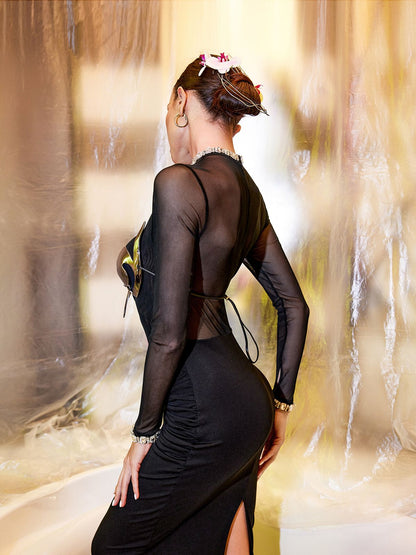 Juni Crystal Cutout Mermaid Mesh Maxi Dress