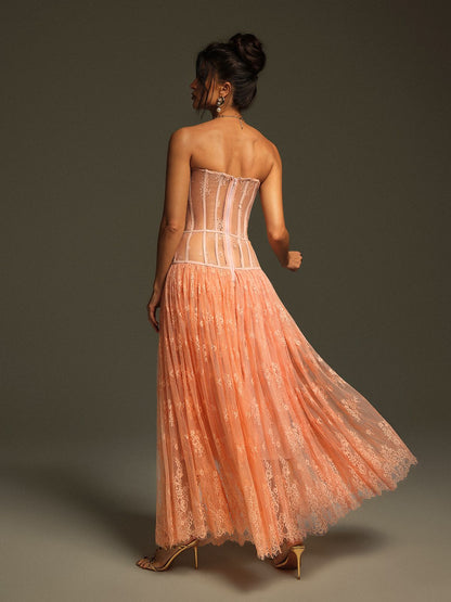 Juric Strapless Lace Mesh Maxi Dress