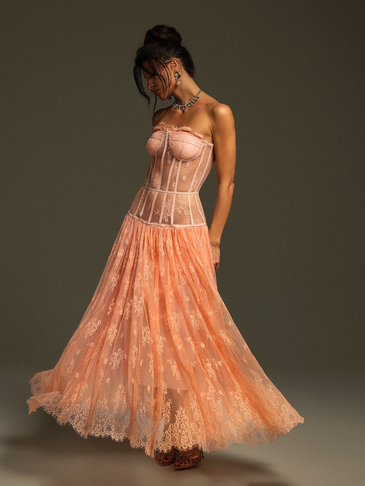Juric Strapless Lace Mesh Maxi Dress