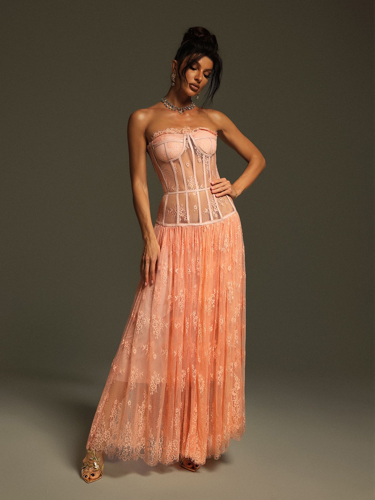 Juric Strapless Lace Mesh Maxi Dress