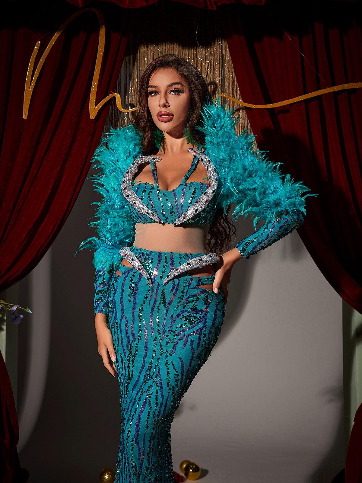 Jurin Snake Rhinestone Feather Maxi Dress