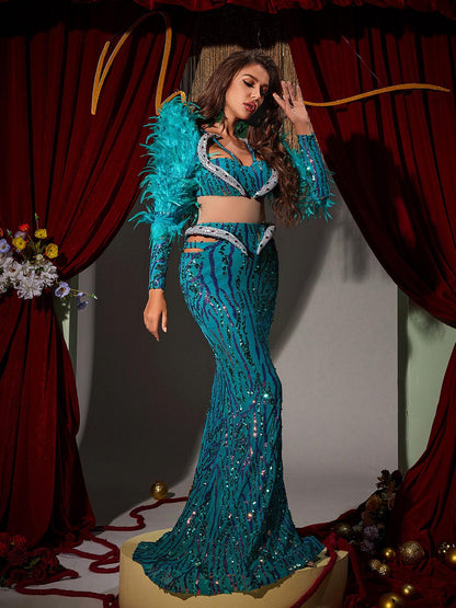 Jurin Snake Rhinestone Feather Maxi Dress