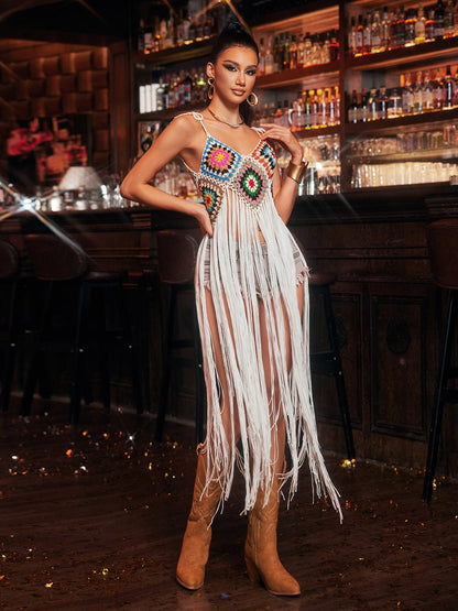 Jyxondra Spaghetti Fringe Knitted Cover Up Dress