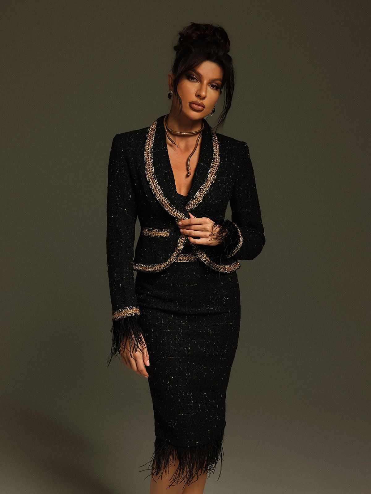 Kadience Long Sleeve Feather Skirt Set