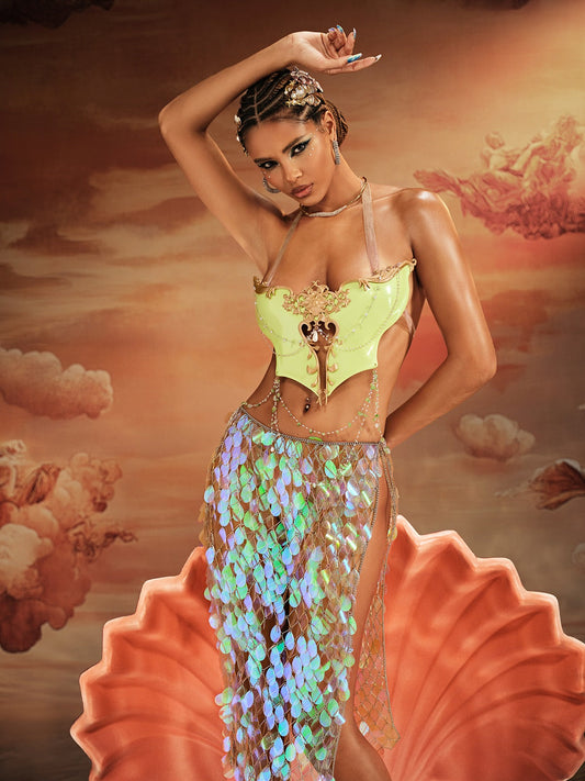 Kaelrix Halterneck Chain Armor Top In Green