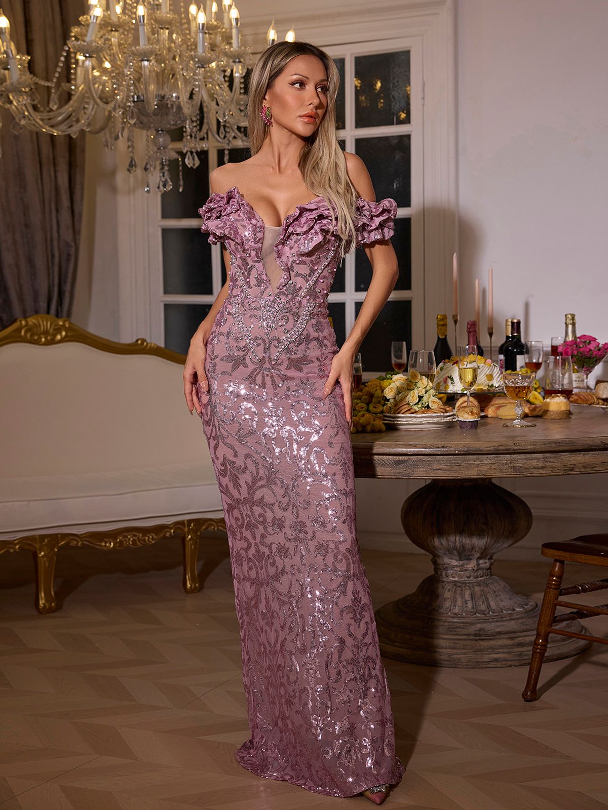 Kaprisha Off Shoulder Sequin Ruffle Maxi Dress