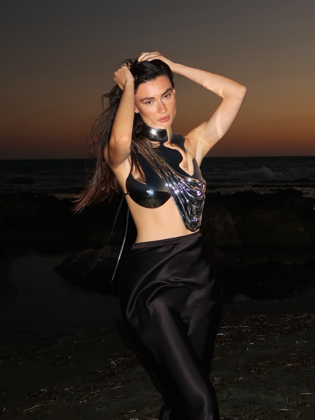 Kari Sleeveless Drapery Armor Top In Silver