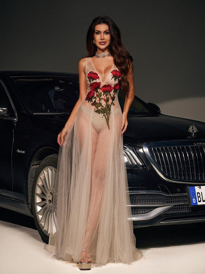 Kateri V Neck Flower Embroidered Mesh Dress