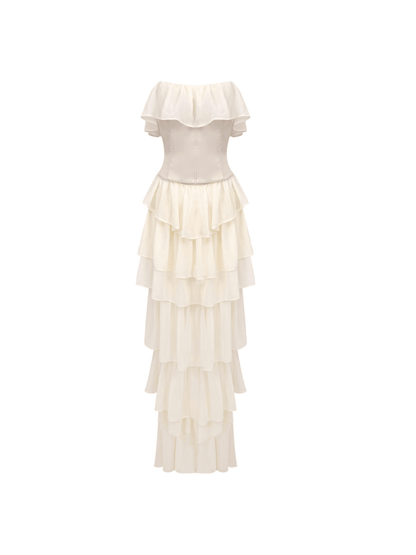 Katrina Strapless Ruched Mesh Maxi Dress